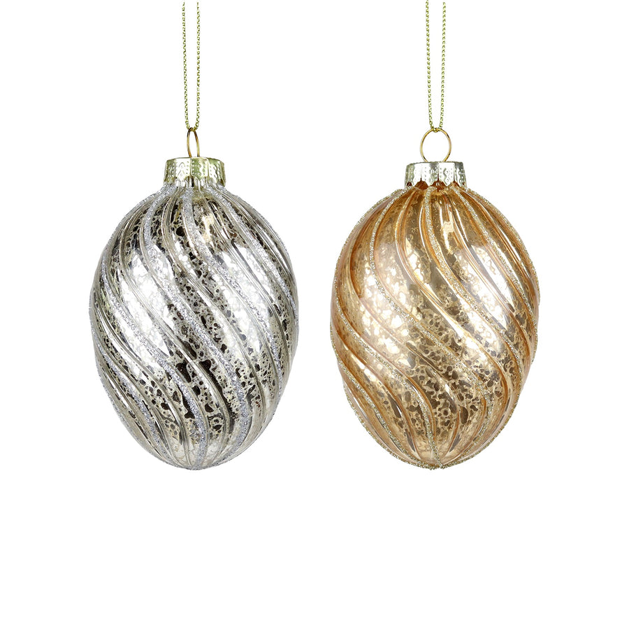 Ornamente 2 Ouă din sticlă model spirală auriu/șampanie 9cm