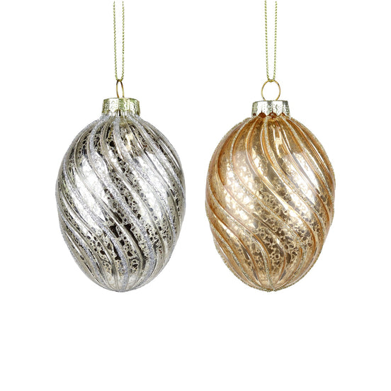 Ornamente 2 Ouă din sticlă model spirală auriu/șampanie 9cm