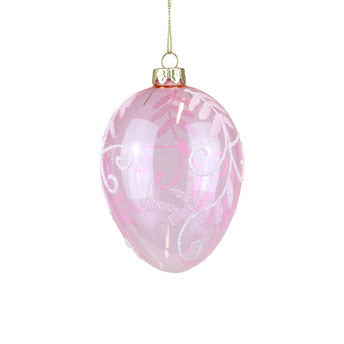 Ornament Ou din sticlă cu model cu frunze Roz/Alb/Transparent 12cm