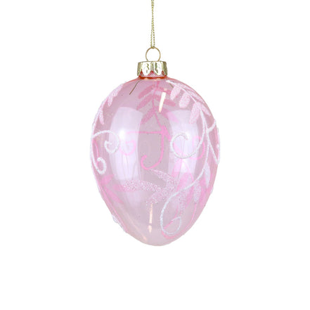 Ornament Ou din sticlă cu model cu frunze Roz/Alb/Transparent 12cm