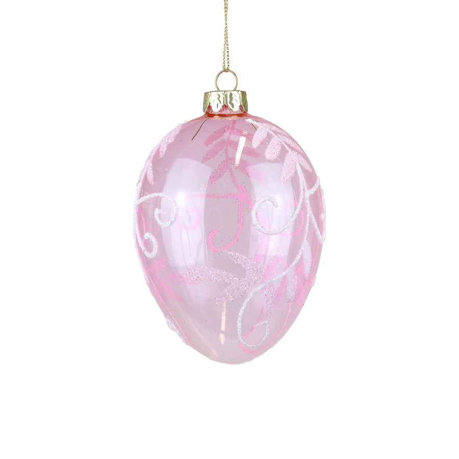 Ornament Ou din sticlă cu model cu frunze Roz/Alb/Transparent 12cm