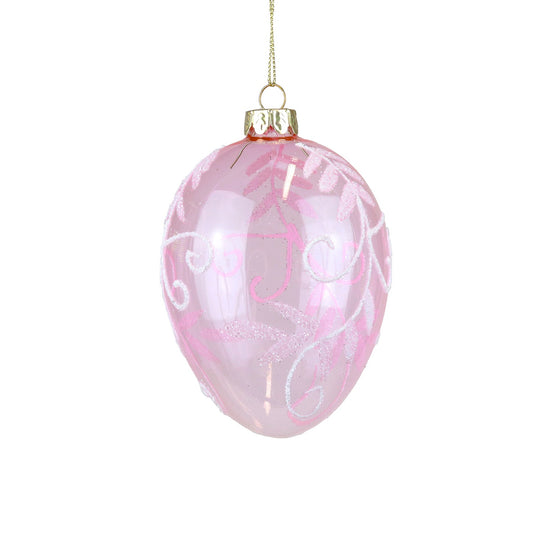 Ornament Ou din sticlă cu model cu frunze Roz/Alb/Transparent 12cm
