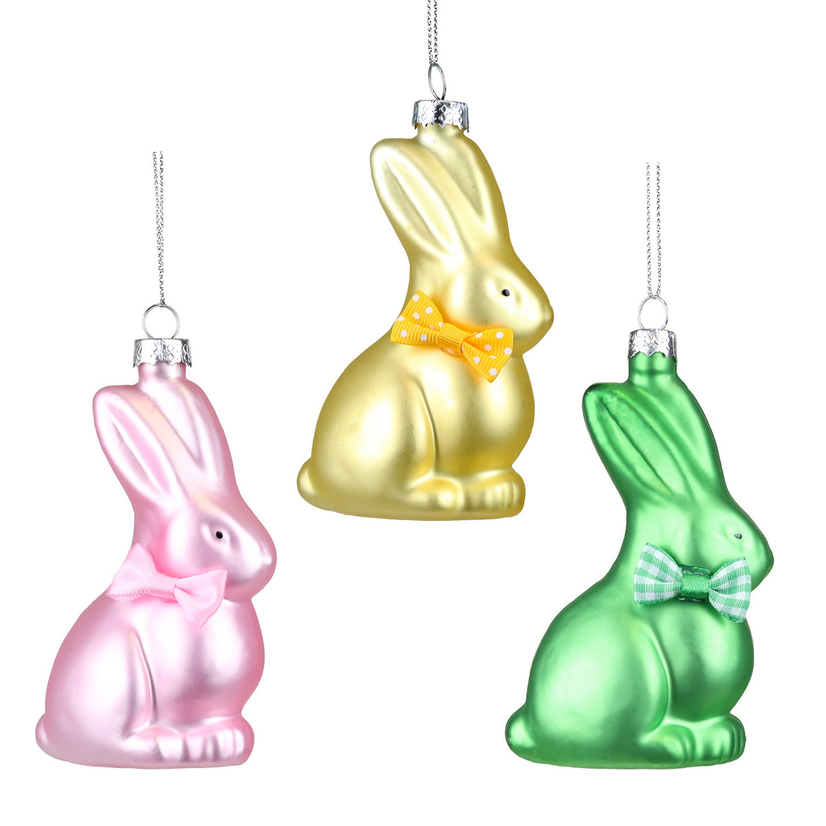 Ornamente 3 Iepuri din sticlă cu papion Roz/Verde/Galben 10cm