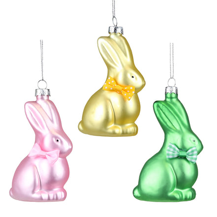 Ornamente 3 Iepuri din sticlă cu papion Roz/Verde/Galben 10cm