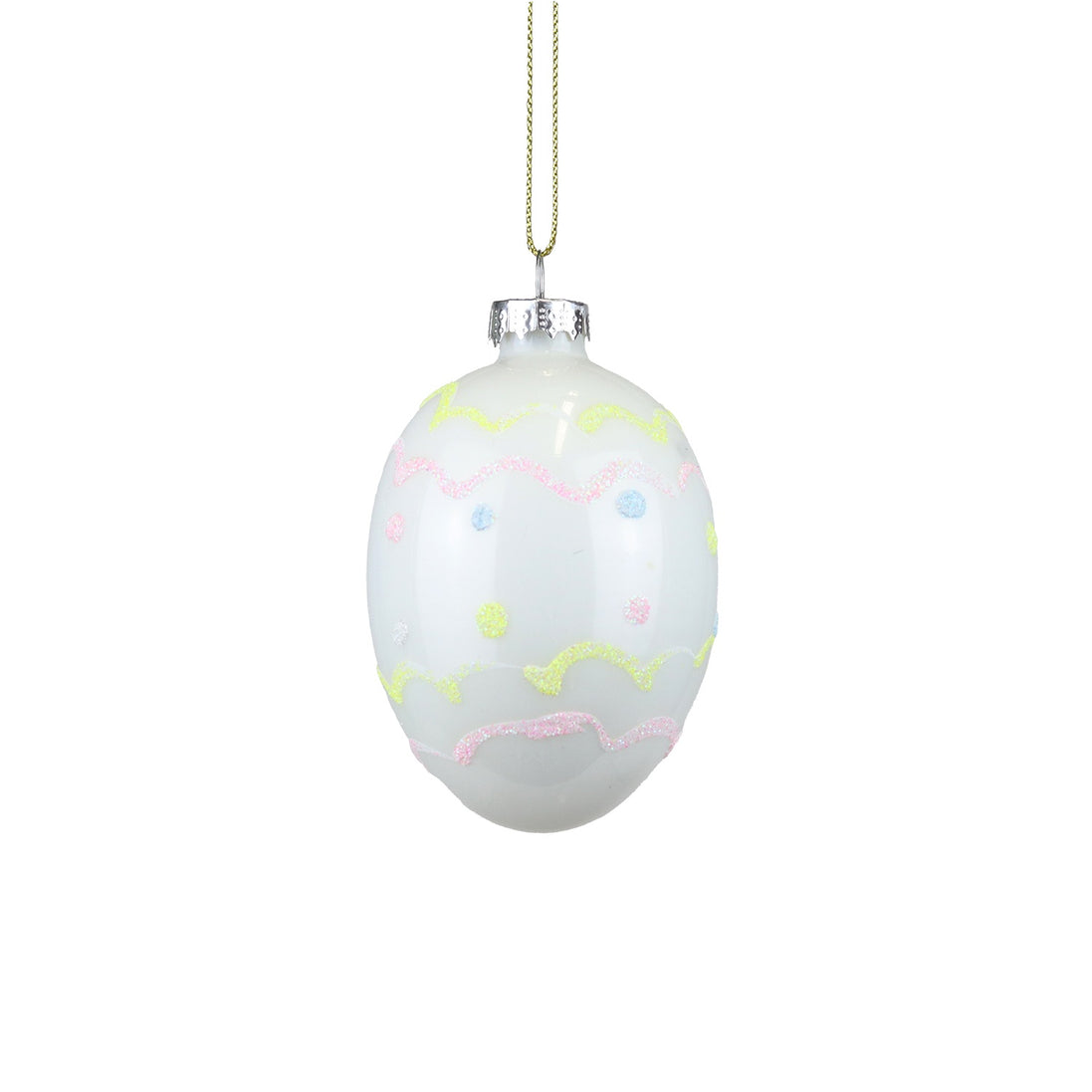 Ornament Ou din sticlă cu bulinuțe și spirale alb/roz/galben 9cm