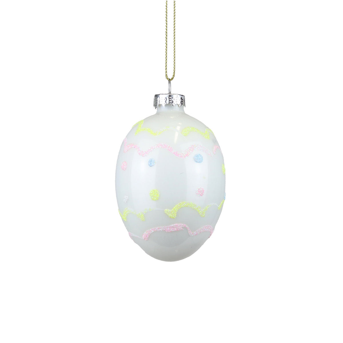 Ornament Ou din sticlă cu bulinuțe și spirale alb/roz/galben 9cm