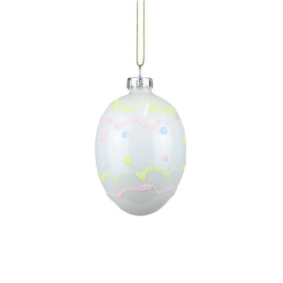 Ornament Ou din sticlă cu bulinuțe și spirale alb/roz/galben 9cm