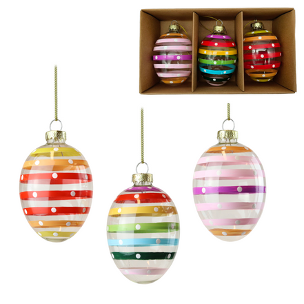 3 Ouă din sticlă cu bulinuțe, multicolore 9cm