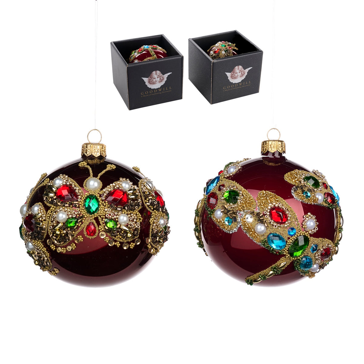 Set 2 Globuri cu fluturi decorativi din pietricele ,rosu/auriu 10cm