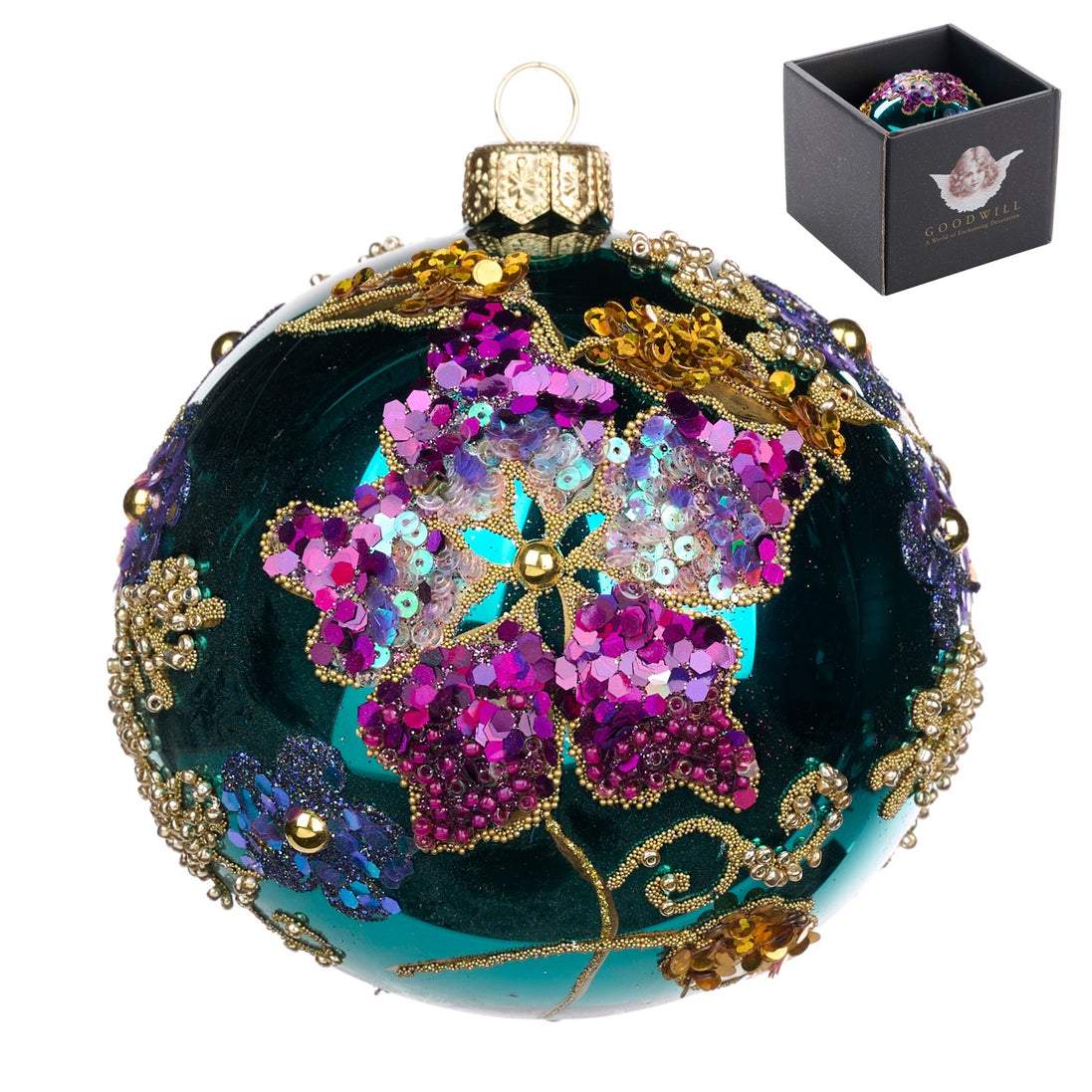 Glob din Sticla Floare din paiete si sclipici violet/albastru 10cm