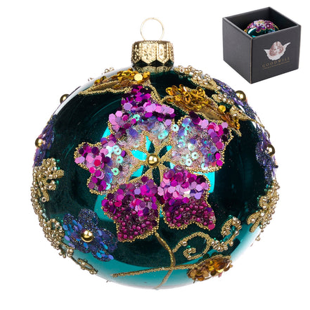 Glob din Sticla Floare din paiete si sclipici violet/albastru 10cm