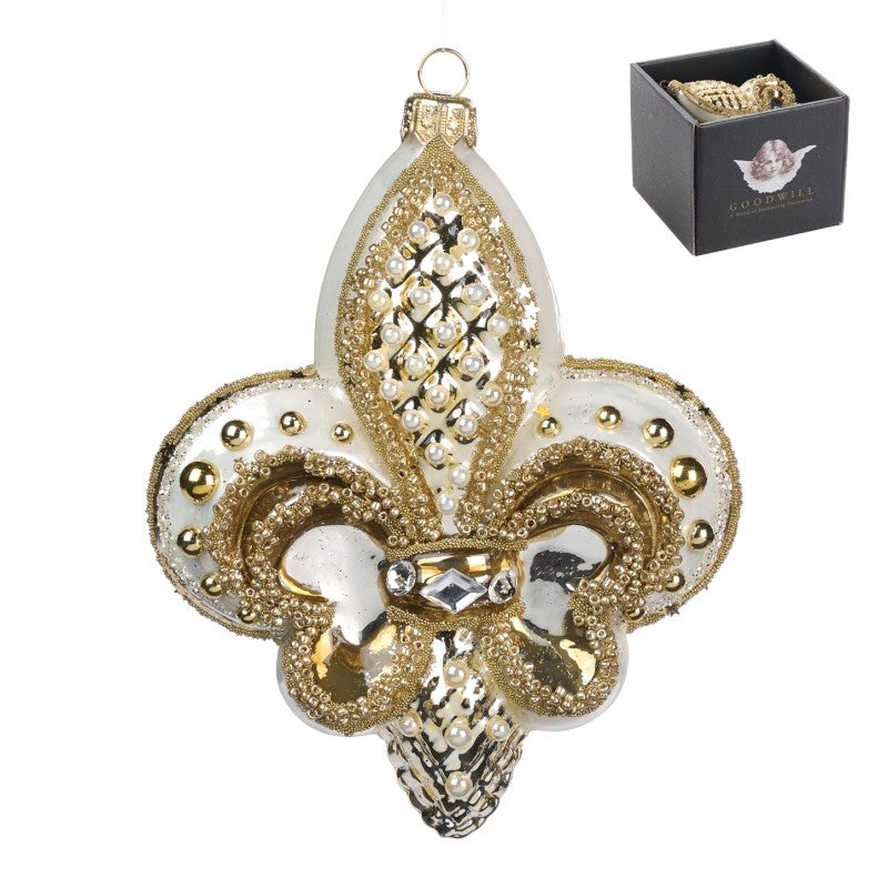 Glob de sticla Fleur de Lis cu perlute auriu/crem 14.5cm