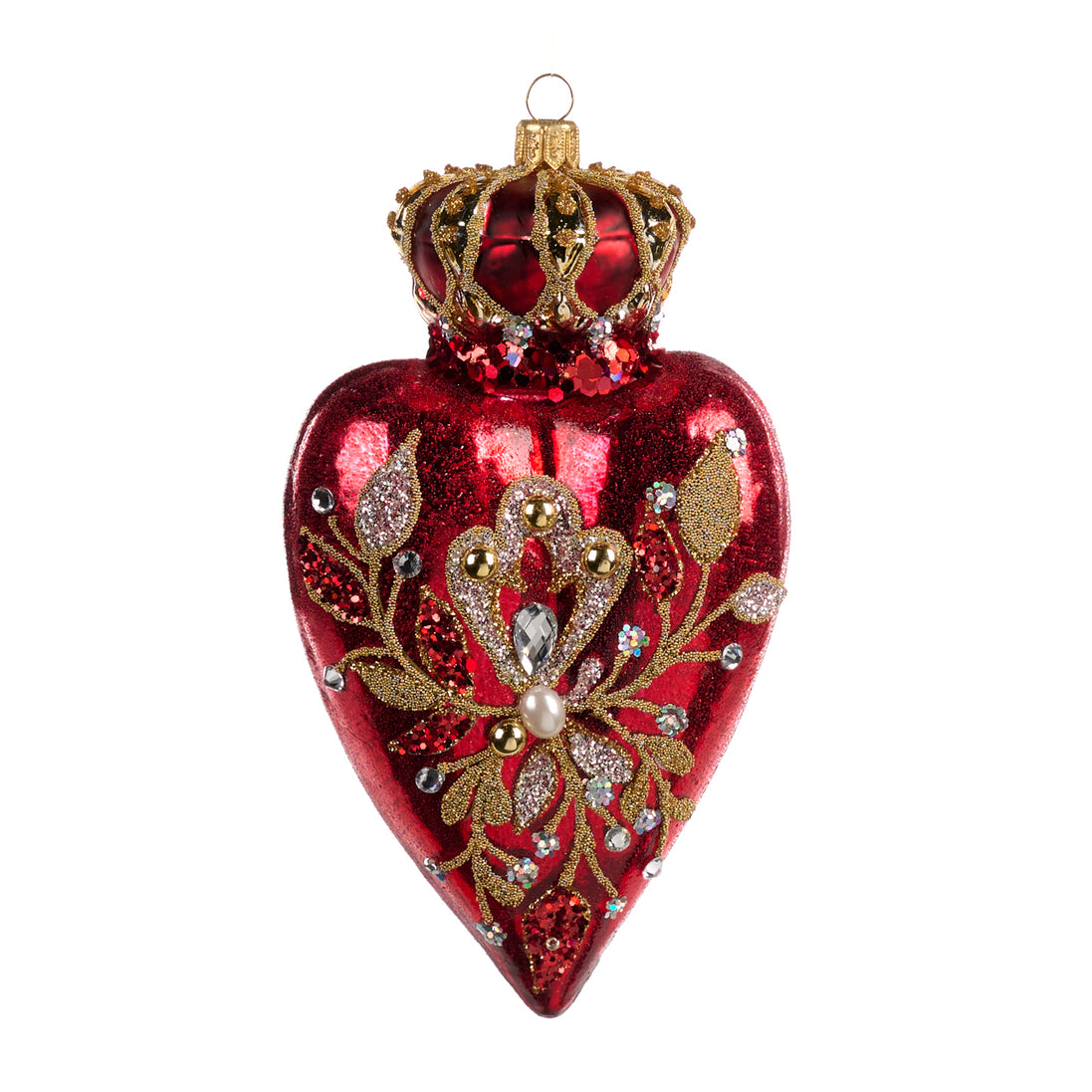 Glob din sticla Inima incoronata din Colectia Jewel rosu/auriu 17cm