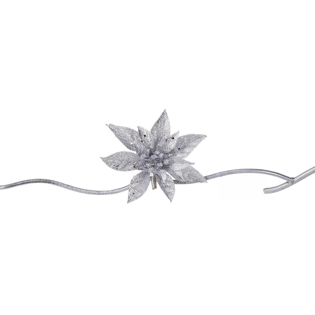 Floare decorativă crăciuniță, argintie, cu sclipici și clips, 14cm