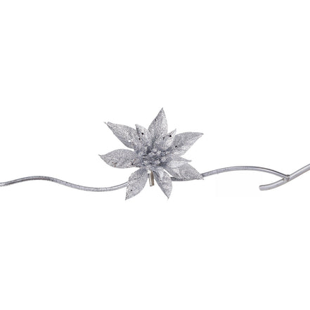 Floare decorativă crăciuniță, argintie, cu sclipici și clips, 14cm