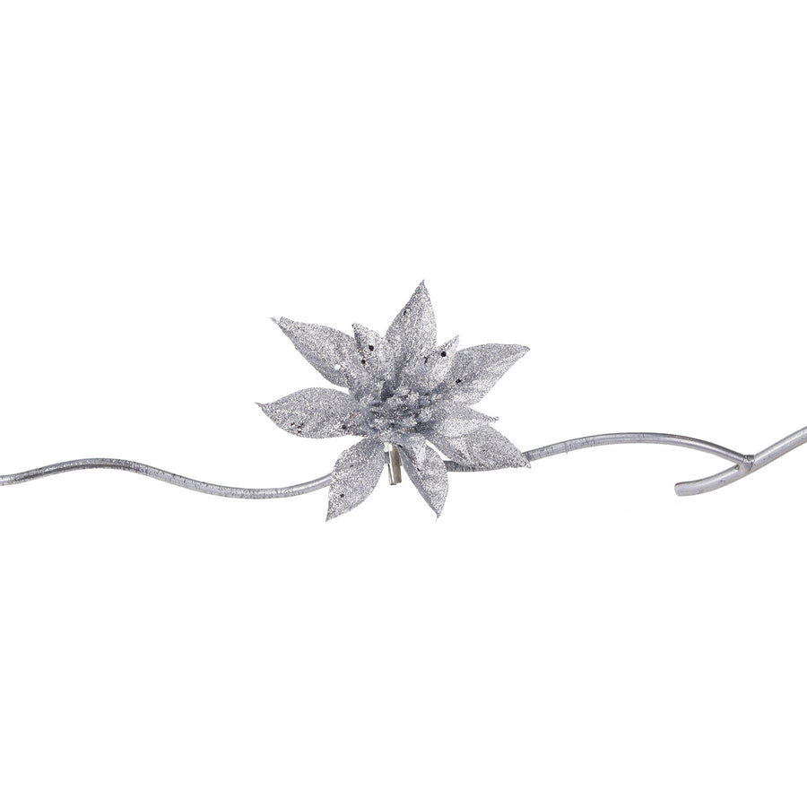 Floare decorativă crăciuniță, argintie, cu sclipici și clips, 14cm