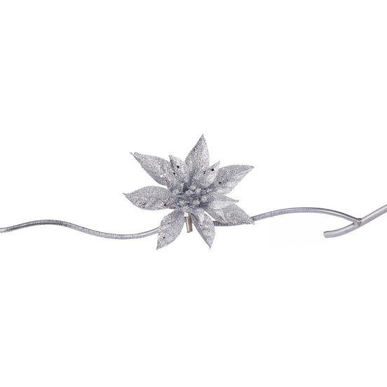 Floare decorativă crăciuniță, argintie, cu sclipici și clips, 14cm
