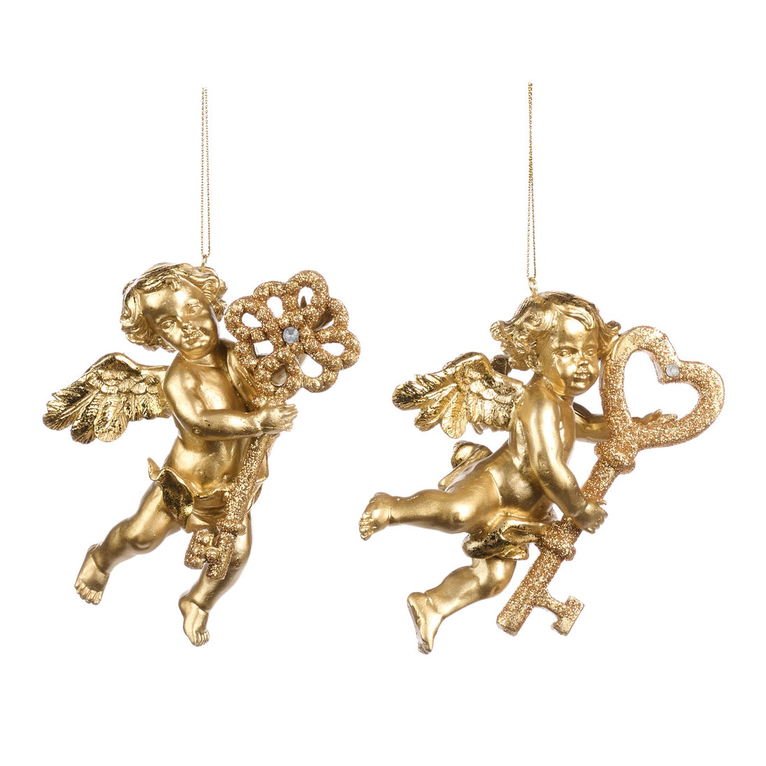 Set de 2 Set decorațiuni îngerași cu chei decorative, auriu, 12.5cm