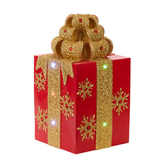 Cutie decorativă cu LED, formă de cadou, roșu/auriu, 51 cm