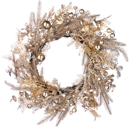 Coroniță decorativă cu ramuri, bobițe și globuri, șampanie 60cm