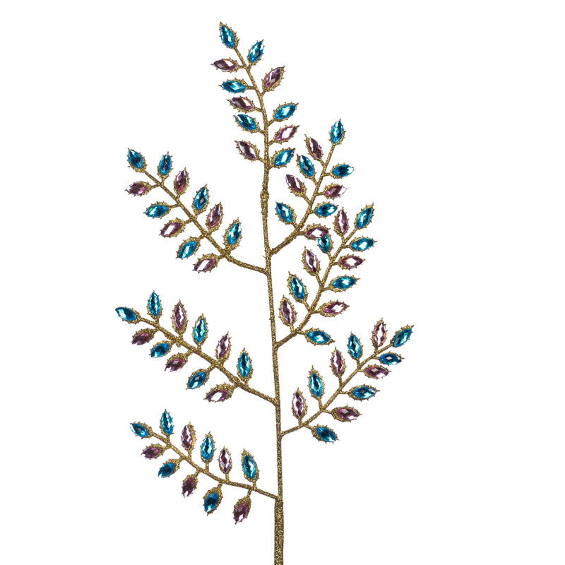 Ramură decorativă cu frunze ornamentale, roz/albastru/auriu, 60 cm