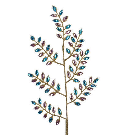 Ramură decorativă cu frunze ornamentale, roz/albastru/auriu, 60 cm