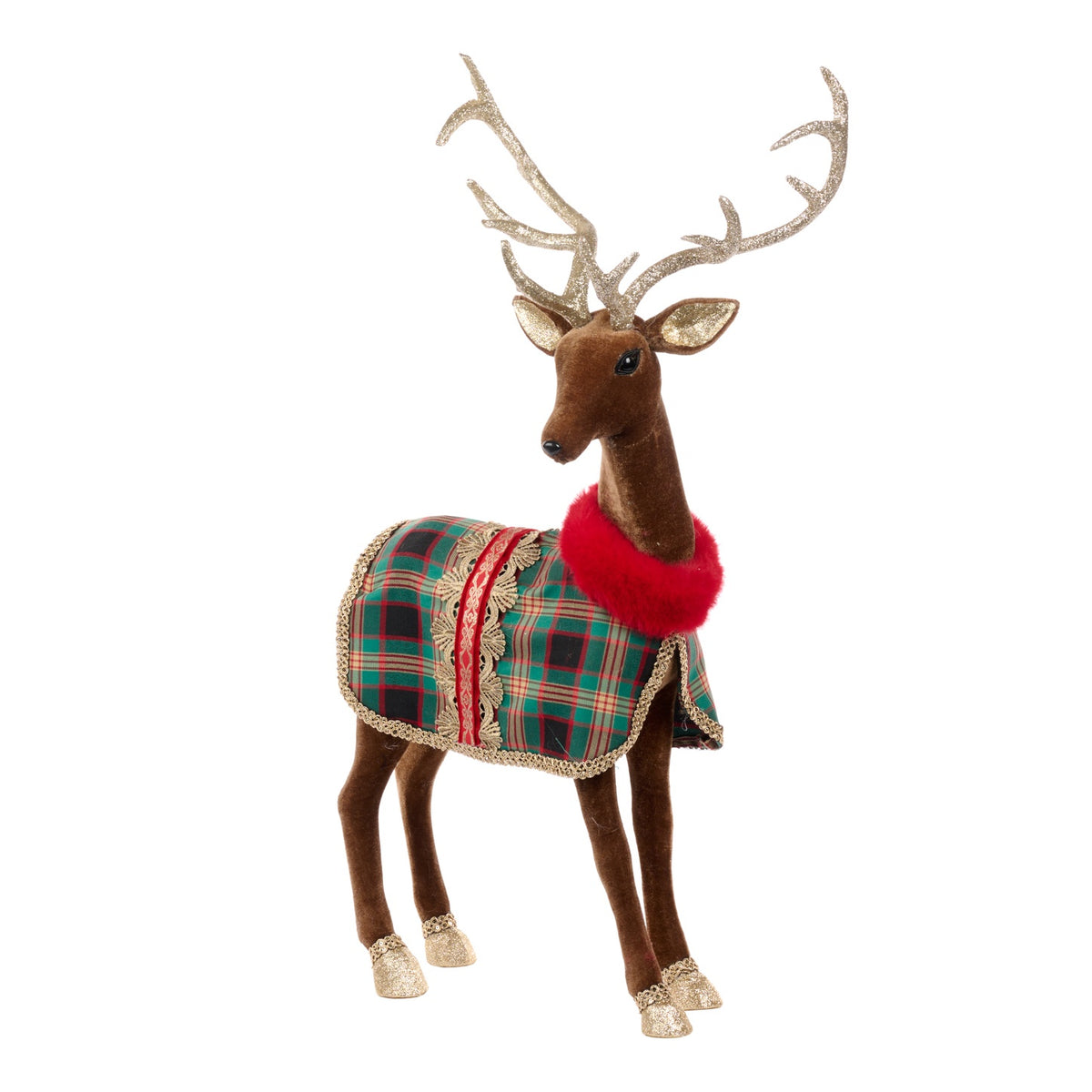 Ren decorativ cu mantie tartan, maro/verde, 74 cm