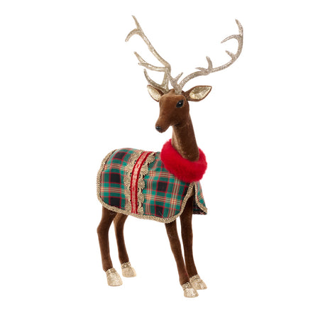 Ren decorativ cu mantie tartan, maro/verde, 74 cm
