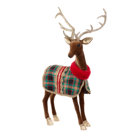 Ren decorativ cu mantie tartan, maro/verde, 74 cm