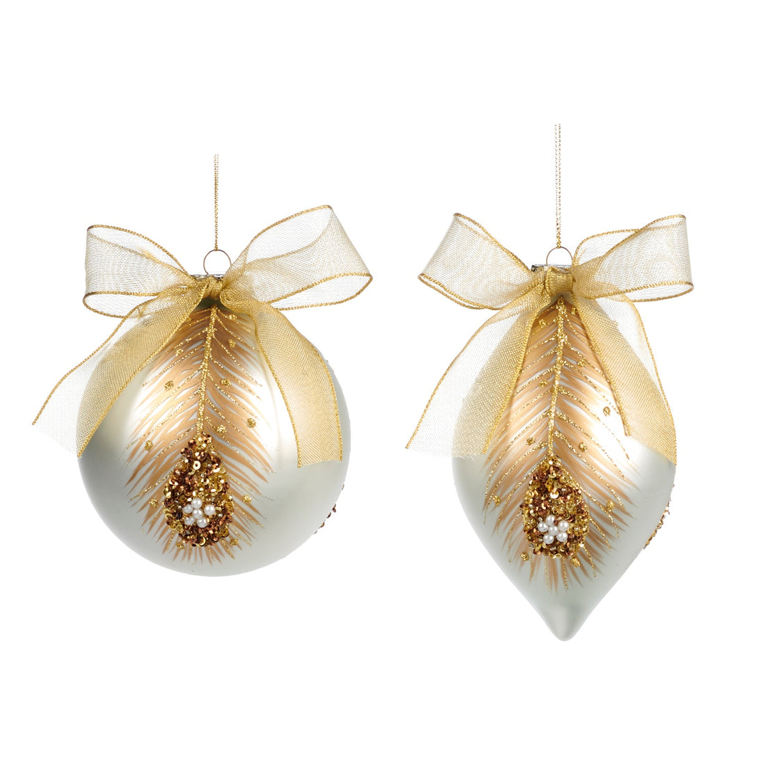 Set 2 Globuri decorate cu pene de paun si pietre , crem /auriu 11.5cm