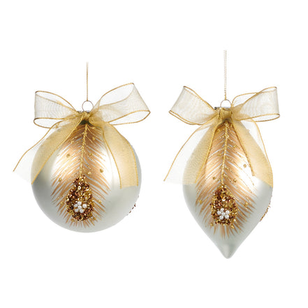Set 2 Globuri decorate cu pene de paun si pietre , crem /auriu 11.5cm