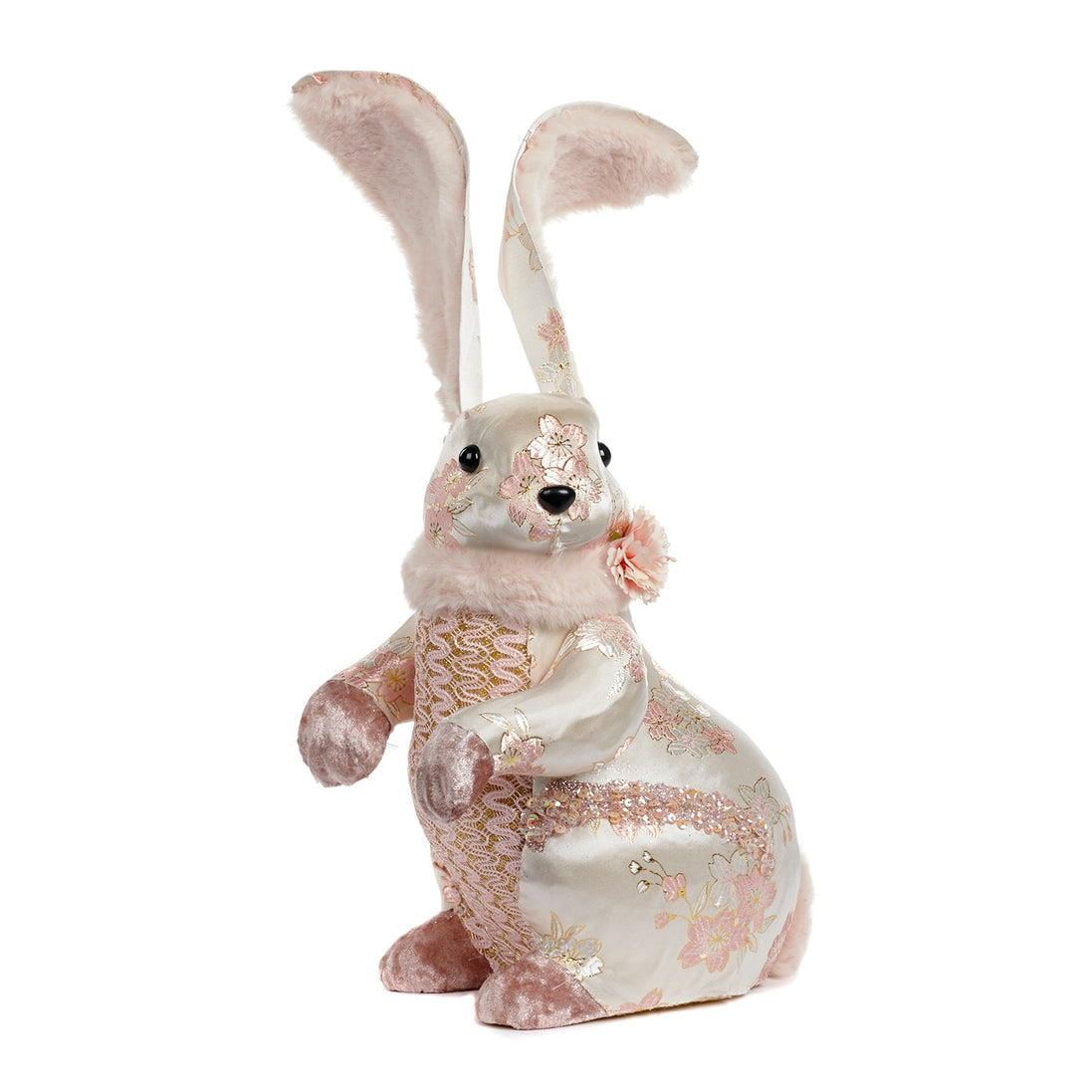 Iepure cu urechile din blană artificială și țesut cu model floral Roz 37cm