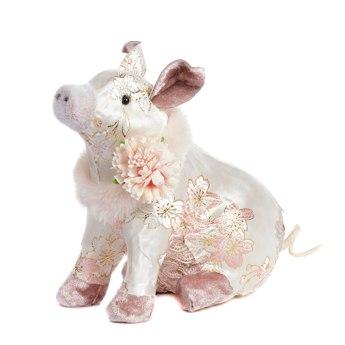Porcușor așezat cu model floral din țesut și blană artificială roz 16cm