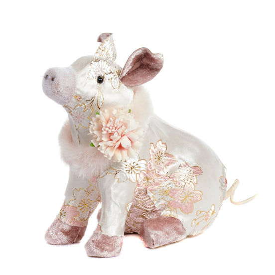 Porcușor așezat cu model floral din țesut și blană artificială roz 16cm