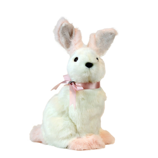 Iepuraș așezat cu fundiță din păr artifical, alb/roz 33cm