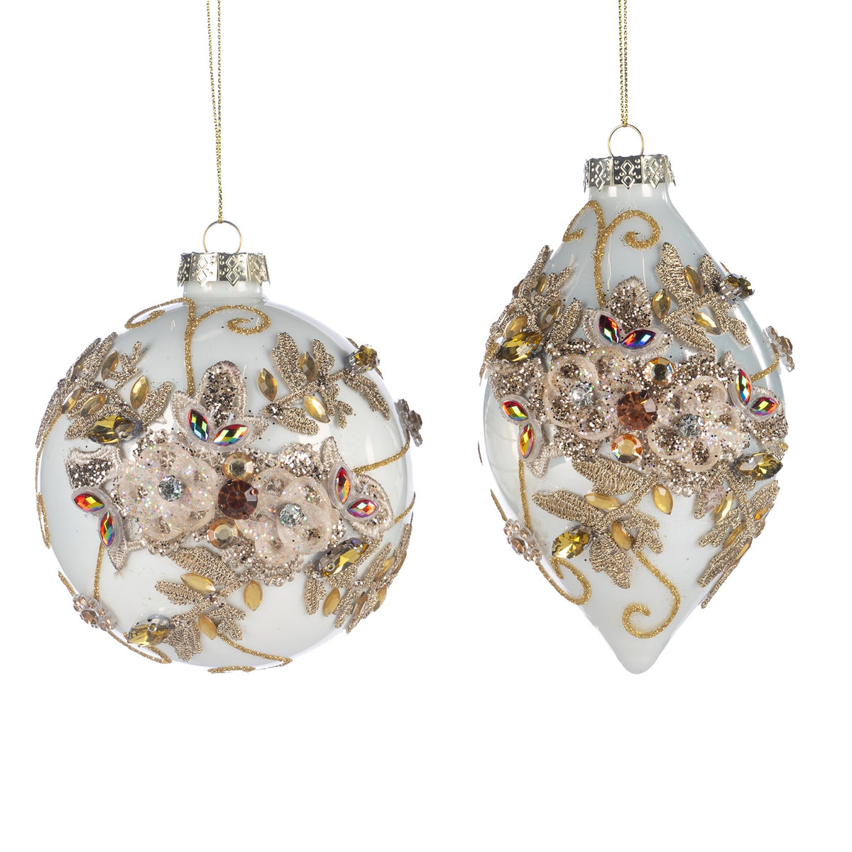 Set de 2 globuri din sticlă cu pietricele si dantelă din colectia Jewel, transparent/auriu, 14cm