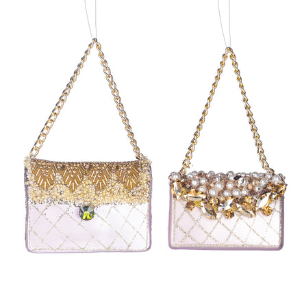 Set 2 ornamente poșetă cu mărgele și perlă din sticlă, roz/auriu, 13 cm