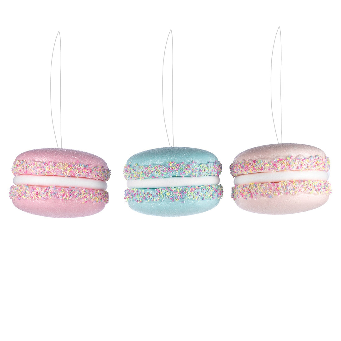 Set 3 ornamente macarons cu decor sprinkles, roz, albastru și bej, 16,5 cm