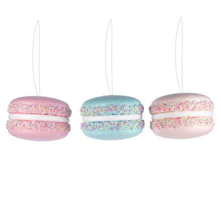Set 3 ornamente macarons cu decor sprinkles, roz, albastru și bej, 16,5 cm