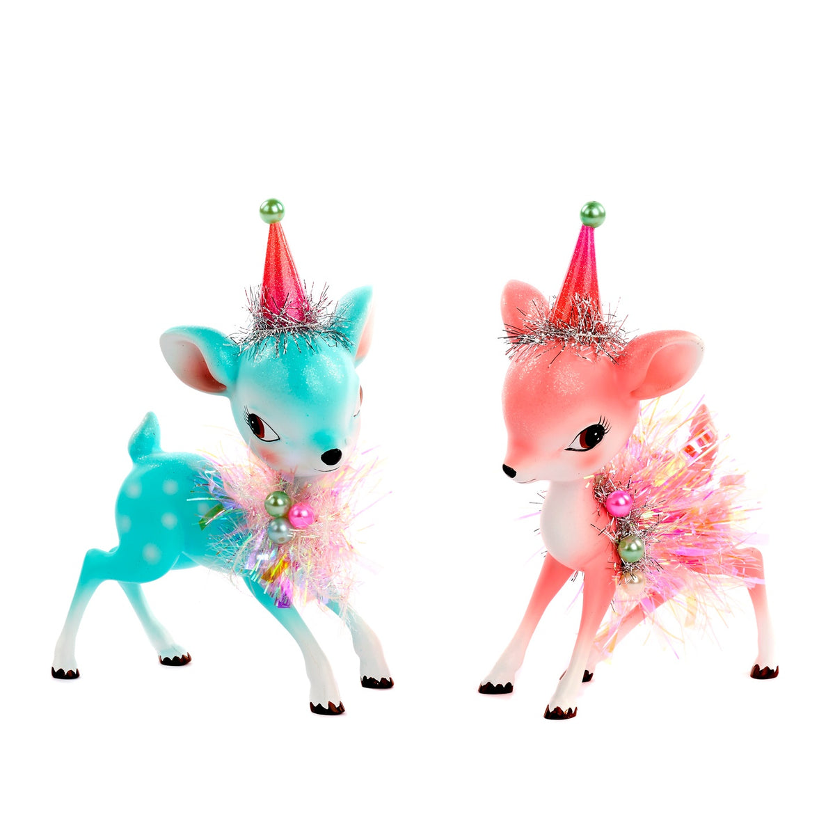Set 2 figurine căprioare Bambi cu pălărie festivă, roz și albastru, 19 cm