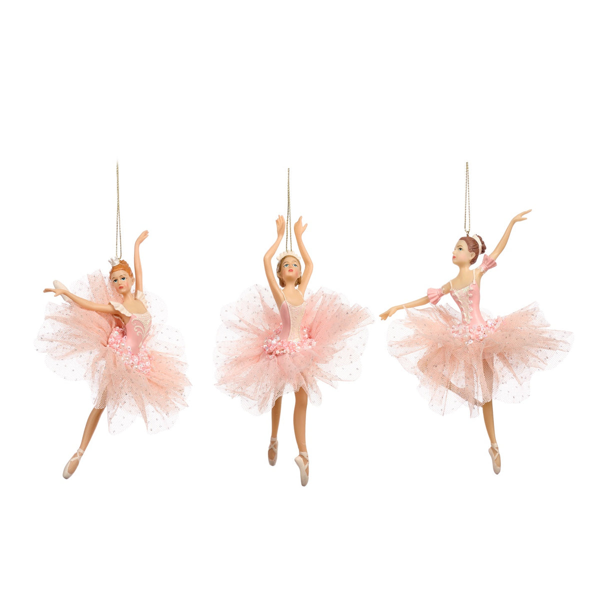 Set 3 decorațiuni balerină cu tutu din tulle, roz-crem, 17 cm
