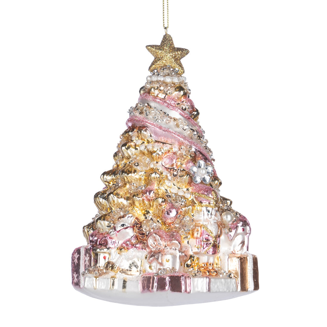 Brad decorativ din sticlă cu bijuterii, perle și cadouri, auriu, 17cm