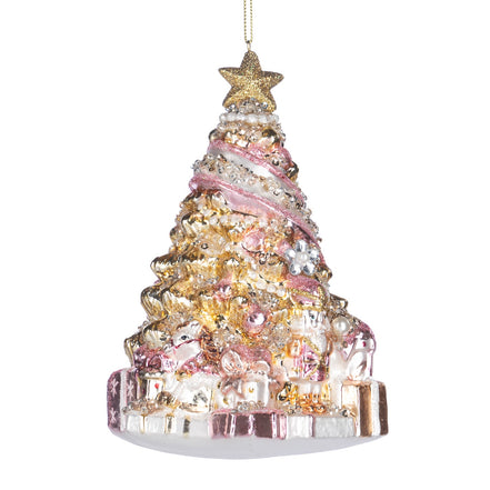 Brad decorativ din sticlă cu bijuterii, perle și cadouri, auriu, 17cm