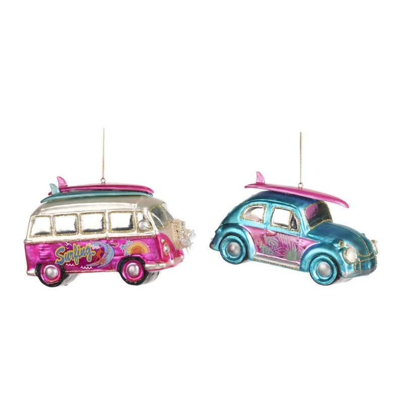 Set 2 globuri masinute vintage cu placi de surf albastru /roz 15cm