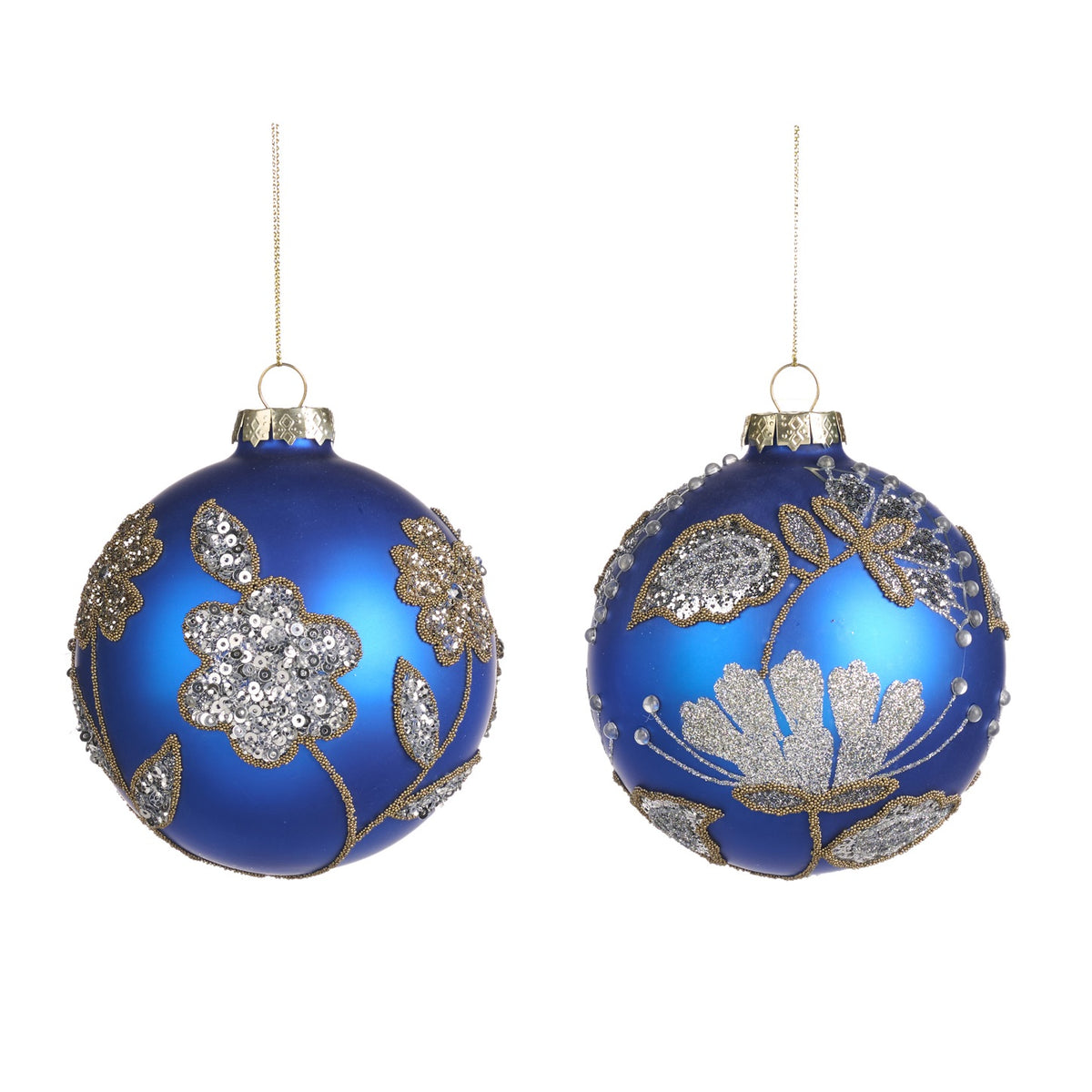 Set 2 Globuri din sticla cu flori din paiete , 10cm , albastru/argintiu/sampanie
