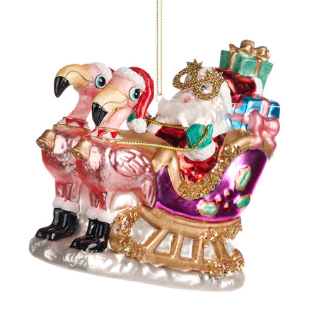 Glob din sticla Sania Funcky al lui Mos Craciun , cu Flamingo 13cm ,roz