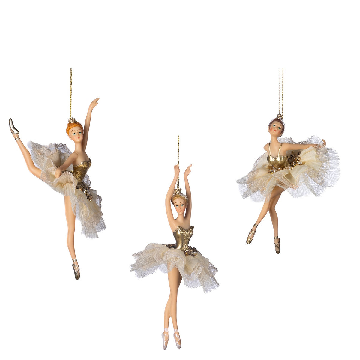 Set 3 balerine ornamentale, alb-auriu, 19 cm