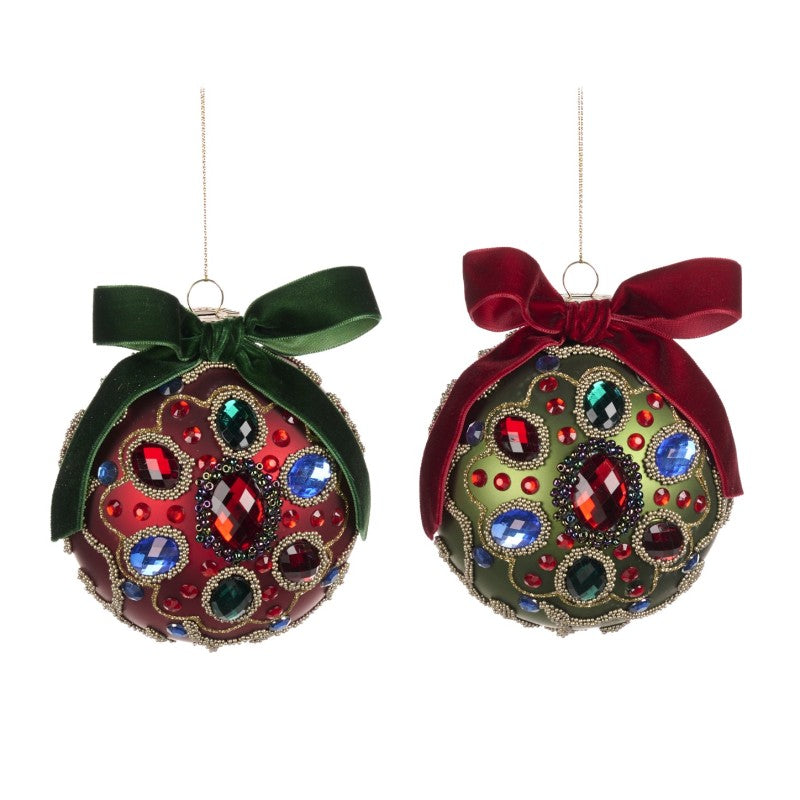 Set 2 globuri colectia Jewel cu floare si fundita rosu/verde 12cm