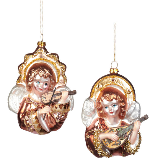Set 2 globuri de sticla Ingeri cu vioara si mandolina 13.5cm auriu