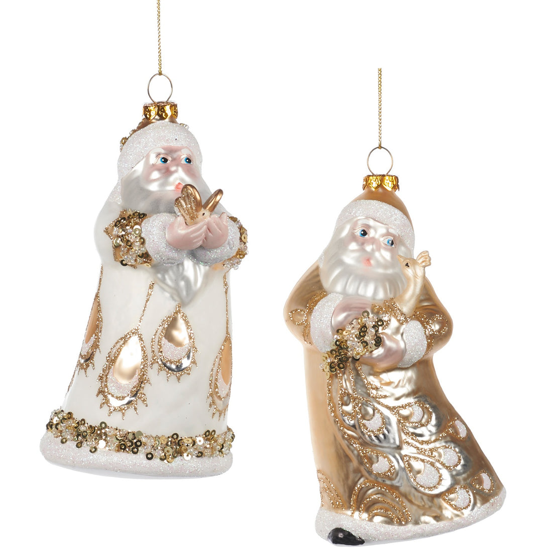 Set 2 Mos Craciun cu Pauni in Brate crem/alb 15.5cm